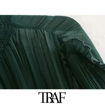 TRAF Moterų Derliaus Elegantiškas Ruffles Plisuotos Matyti Per Šifono Midi Suknelė Mados ilgomis Rankovėmis Elastinga Juosmens Moterų Suknelės, Vestidos