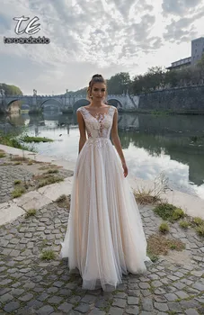 V-Kaklo, Rankovių Šampano Nėrinių Appliqued Blizgančiais Nuotaka Chalatai-Line Tiulio Vestuvių Suknelė 2020 Vestido De Noiva
