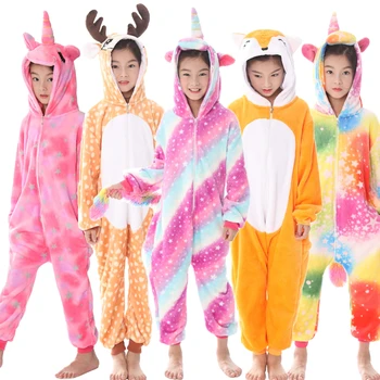 Vaikai Vienas Gabalas Sleepwear Kigurumi Vienaragis Pižama Berniukui, Mergina Žiemą Koralų, Vilnos Pižamos Vaikams, Cartoon Licorne Pabėgiai Onesie