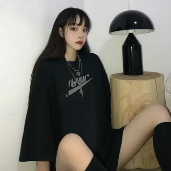 Vasaros korėjos hip-hop stiliaus 70% medvilnės laiškas išspausdintas moteriški marškinėliai Harajuku mados riebalų prarasti negabaritinių moterų viršų