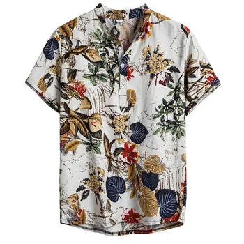 Vasaros Marškinėliai Vyrams Etninės Spausdinti Stovėti Apykaklės Medvilnės Skalbiniai Juostele Trumpas Rankovės Prarasti Havajų Henley Marškinėliai havajų marškinėliai#guahao