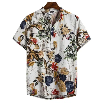 Vasaros Marškinėliai Vyrams Etninės Spausdinti Stovėti Apykaklės Medvilnės Skalbiniai Juostele Trumpas Rankovės Prarasti Havajų Henley Marškinėliai havajų marškinėliai#guahao