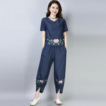 Vasaros moterų džinsinio audinio Kelnės, kostiumai Nacionalinės stiliaus naujas Kinų stiliaus siuvinėjimų Viršūnes+ palaidi Kelnės moteriškos sportinės kelnės dviejų dalių moterų rinkiniai