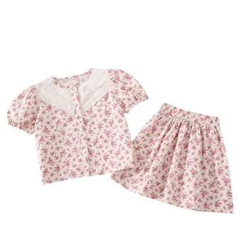 Vasaros Naują Atvykimo korėjos stiliaus drabužių rinkiniai trumpas rankovės gėlių nėrinių marškinėliai su mini sijonas saldus kostiumas mielas kūdikis mergaitės 16018