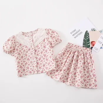Vasaros Naują Atvykimo korėjos stiliaus drabužių rinkiniai trumpas rankovės gėlių nėrinių marškinėliai su mini sijonas saldus kostiumas mielas kūdikis mergaitės