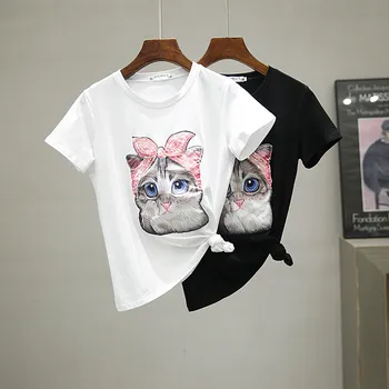 Vasarą Moterys Animaciją Kačių Print T-shirt + Aukšto Juosmens Skylę Džinsinio audinio Kelnės Nustatyti Laisvas Medvilnė Tee Džinsai Femme Dviejų dalių Komplektai