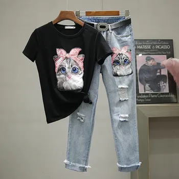 Vasarą Moterys Animaciją Kačių Print T-shirt + Aukšto Juosmens Skylę Džinsinio audinio Kelnės Nustatyti Laisvas Medvilnė Tee Džinsai Femme Dviejų dalių Komplektai