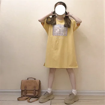 Vasarą Moterys Kawaii Marškinėliai Suknelė Vintage Paauglių Mergaičių Mielas Animacinių Filmų Spausdinti Trumpomis Rankovėmis Suknelės 2020 Japonijos Atsitiktinis Geltona Suknelė