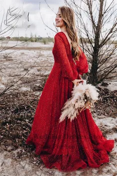 Verngo 2021 M. Derliaus Raudona Vestuvinė Suknelė Ilgomis Rankovėmis China Granulių Linija, Vestuvinės Suknelės Plius Dydžio Oficialų Garsenybių Suknelės 27576