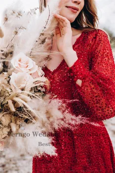 Verngo 2021 M. Derliaus Raudona Vestuvinė Suknelė Ilgomis Rankovėmis China Granulių Linija, Vestuvinės Suknelės Plius Dydžio Oficialų Garsenybių Suknelės