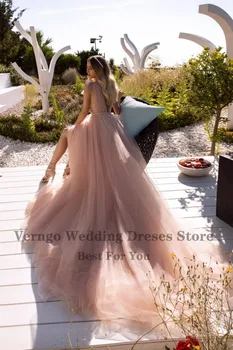 Verngo Paplūdimys Vestuvių Suknelė 2020 Blush Pink Tiulio V Kaklo Boho Nuotakos Suknelės, Paprastos Linijos, Ilgai Traukinio Vestuves Suknelė Plius Dydis