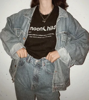 VIP HJN Moonchild T-Shirt Estetinės Unisex Moterų Citata Tees Camisetas Grafinis Vintage Mados Grunge Juokinga Hipster