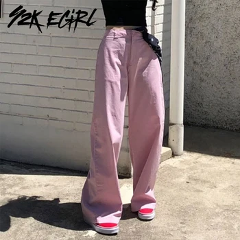 Y2K EGIRL Hip-Hop Pločio Kojų Atsirišo Kelnes Derliaus Aukšto Juosmens Rausvos spalvos, Su Kišenėmis Harajuku Ilgai Ziajać Streetwear 90-ųjų Rudenį Kelnės