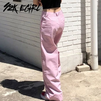 Y2K EGIRL Hip-Hop Pločio Kojų Atsirišo Kelnes Derliaus Aukšto Juosmens Rausvos spalvos, Su Kišenėmis Harajuku Ilgai Ziajać Streetwear 90-ųjų Rudenį Kelnės
