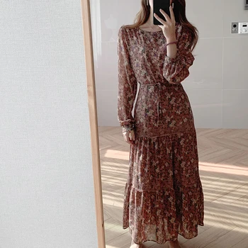 YAMDI vintage suknelė moterims korėjos vasaros rudens rudens suknelės moterų korėjos o kaklo, ilgomis rankovėmis suknelę, midi slim šifono vestidos 2158