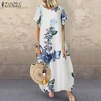 ZANZEA 2021 m. Vasarą Maxi Suknelė Elegantiškas Moterų Spausdinti Sundress Atsitiktinis Aukšto Juosmens Baggy Vestidos Moterų Gėlių Drabužius, Plius Dydis 5XL