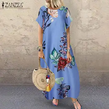 ZANZEA 2021 m. Vasarą Maxi Suknelė Elegantiškas Moterų Spausdinti Sundress Atsitiktinis Aukšto Juosmens Baggy Vestidos Moterų Gėlių Drabužius, Plius Dydis 5XL