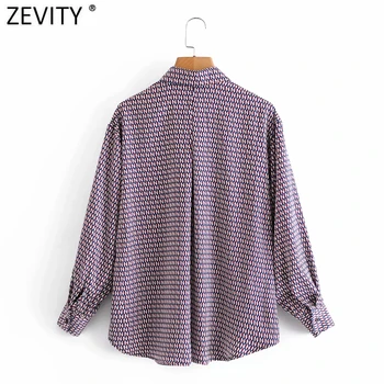 Zevity 2021 Moterų Vintgage Spalvų Geometrinių Spausdinti Atsitiktinis Palaidinė Office Lady Retro Marškiniai, Elegantiškos Chemise Blusas Viršūnes LS7485