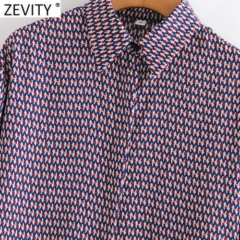 Zevity 2021 Moterų Vintgage Spalvų Geometrinių Spausdinti Atsitiktinis Palaidinė Office Lady Retro Marškiniai, Elegantiškos Chemise Blusas Viršūnes LS7485