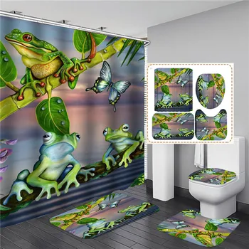Žalia Varlė 3D Atspausdintas Dušo Užuolaidos su Anti-slydimo Flanelė Kilimėliai Vonios kambarys Nustatyti, Virtuvė Kilimėlių Gyvūnų Tualeto Dangčio Padengti Namų Dekoro