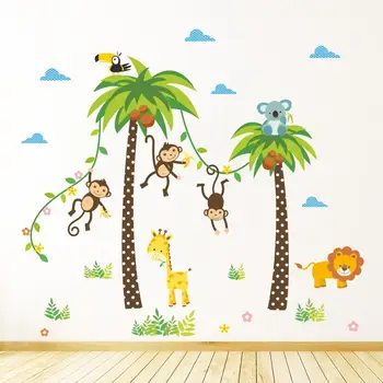Žirafa, Liūtas, Beždžionė Palmių Miško Gyvūnai Sienų lipdukai Vaikams, Vaikų Kambario Miegamojo Sienos Darželio Lipdukų Plakatas Freskos Už